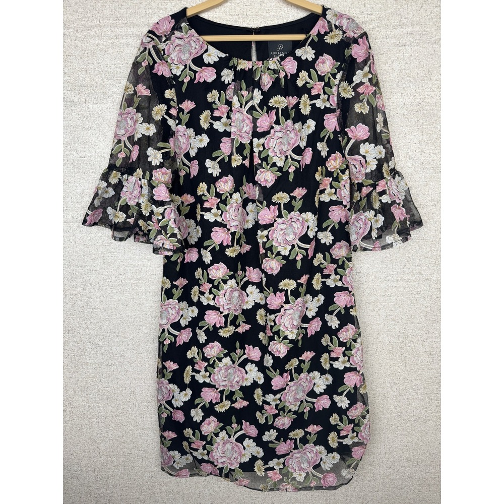 Adrianna Papell Black Floral Embroidered Mesh Shift Dress Bell Sleeve Size 12